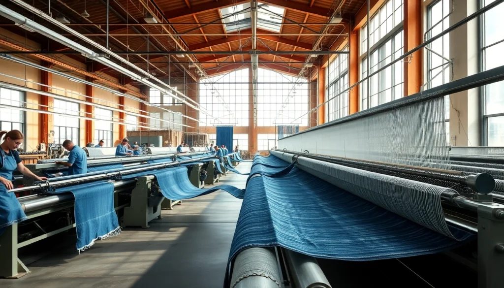 Showcase of jeans cloth manufacturers creating quality denim fabrics in an active textile factory.