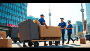 Movers working with furniture showcasing moving companies Toronto services in a bustling urban backdrop.