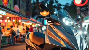 Experience the vibrancy of Bangkok with a bangkok scoter rental in a lively street setting.