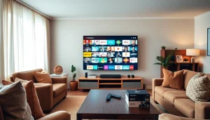 Comprar IPTV en un entorno acogedor con un televisor mostrando canales vibrantes.