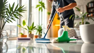 Bond cleaning Brisbane expert handling cleaning tools in a bright apartment.