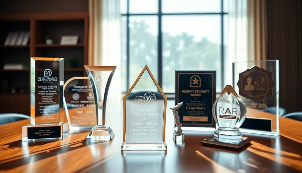 Showcasing employee recognition awards in an elegant setting with detailed engravings and polished surfaces.