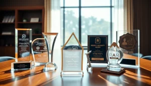 Showcasing employee recognition awards in an elegant setting with detailed engravings and polished surfaces.