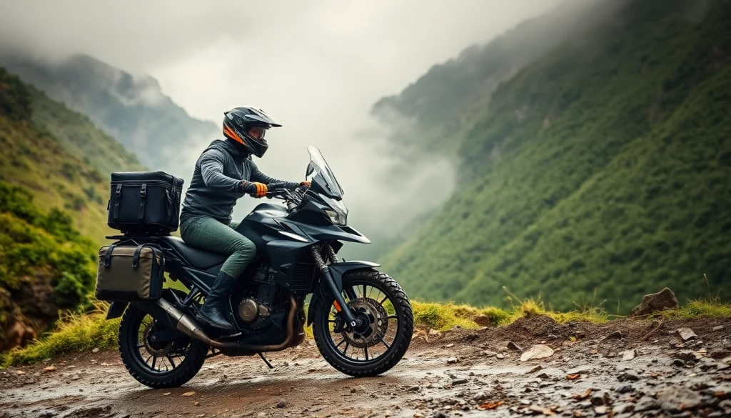 Adventurer rides a motorcycle on a rugged trail featuring adventure motorcycle waterproof bags.