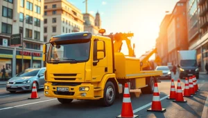 Pomoc drogowa Katowice oferuje szybkie wsparcie drogowe z żółtą lawetą na tle miejskiego krajobrazu.