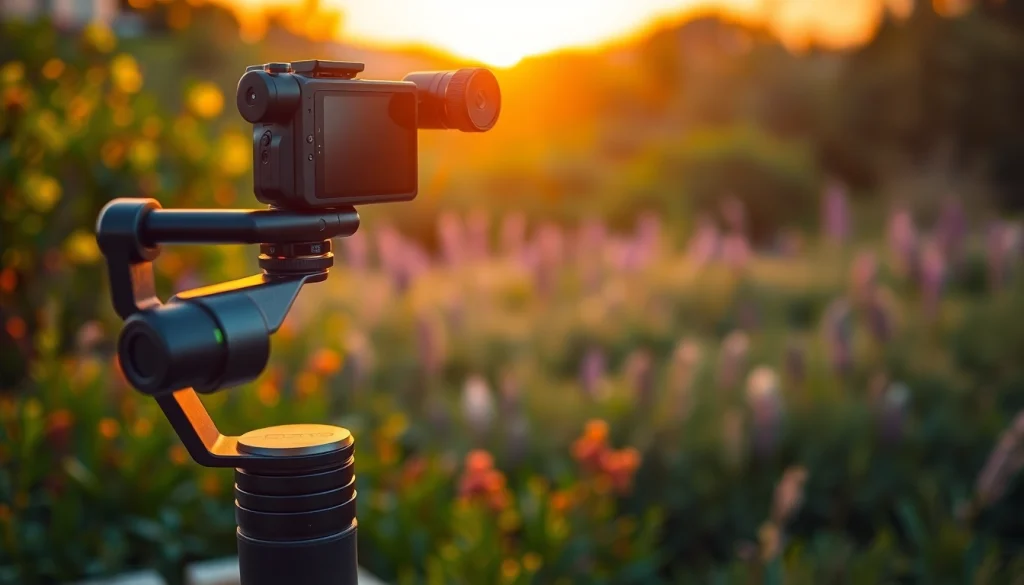 Capture smooth footage with a gimbal camera​ in an outdoor sunset setting.