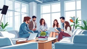 Engaged team discussing strategies at a music PR company office.