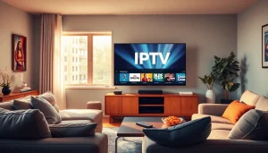 Regardez le meilleur iptv sur un téléviseur moderne dans un salon chaleureux et accueillant.