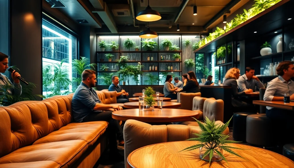 Join the experience at https://cannabisbcn.com with patrons enjoying a cannabis club ambiance.