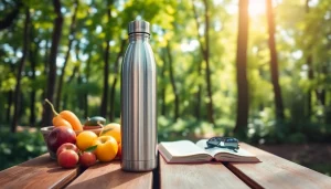 Insulated stainless steel water bottle on a picnic table surrounded by nature and vibrant fruits.