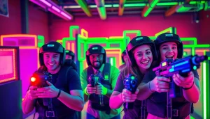 Engaged players participating in laser tag action in a neon-lit arena.