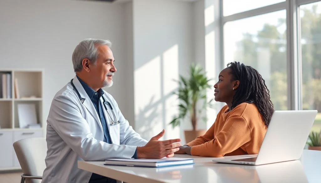 Concierge doctor las vegas consulting a diverse patient in a modern office setting.