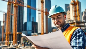 New York Construction Manager analyzing blueprints amidst an active site environment.
