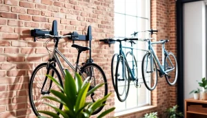 Securely mounted bike wall rack displaying bicycles against a textured brick wall