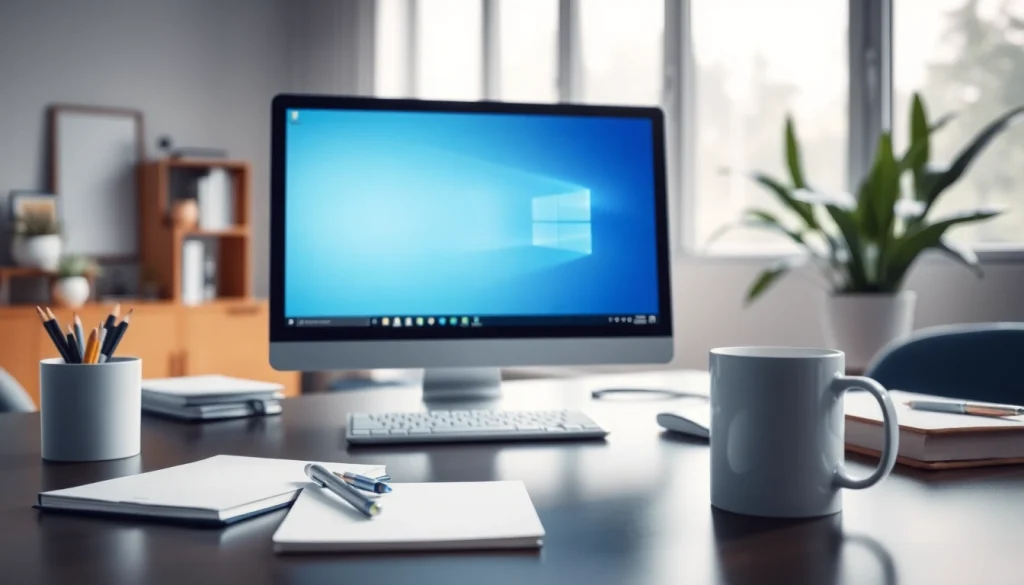 Interaktive Microsoft Windows Benutzeroberfläche auf einem modernen Arbeitsplatz mit Bürobedarf.