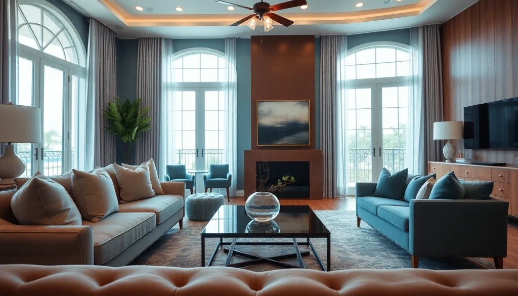 Florida interior decorator showcases an elegant living room with modern furnishings and natural light.
