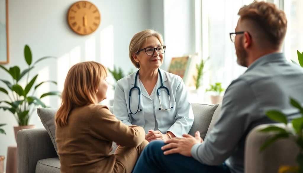 Empathetic psychiatrist consulting with a patient in a peaceful environment.