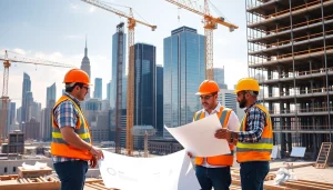 Workers collaborating on Manhattan Commercial General Contractor project amid city skyline.