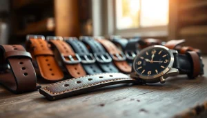 Showcase leather watch straps featuring rich hues and premium craftsmanship on a rustic table.