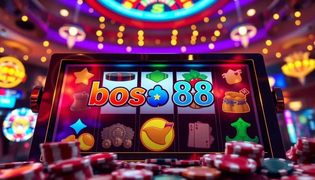 Menyaksikan bos88 slot yang menarik dengan simbol berwarna cerah dan suasana kasino yang energik.