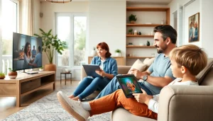 Experience sonic internet 2 months free with a happy family using diverse devices in a cozy home.