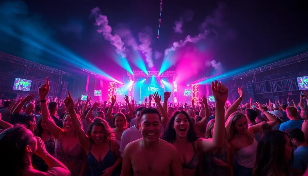 Experience the euphoric atmosphere of a lively miami rave with dancing crowds and vibrant lights.