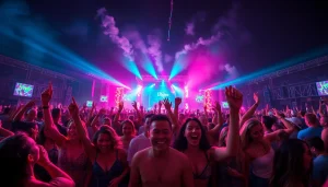 Experience the euphoric atmosphere of a lively miami rave with dancing crowds and vibrant lights.