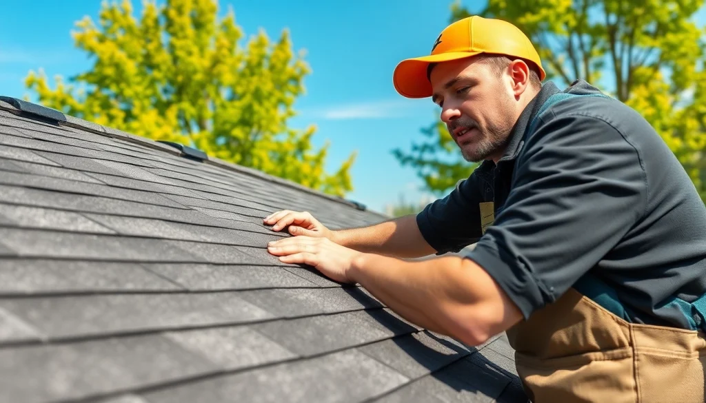 Roof repair Vancouver Wa with expert inspecting shingles under bright natural light.