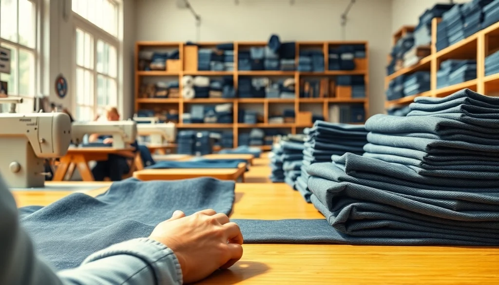 Jeans cloth manufacturers showcase artisans crafting high-quality denim garments in a sunlit workshop.
