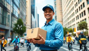 Courier delivering packages in a busy city environment, showcasing a friendly interaction.