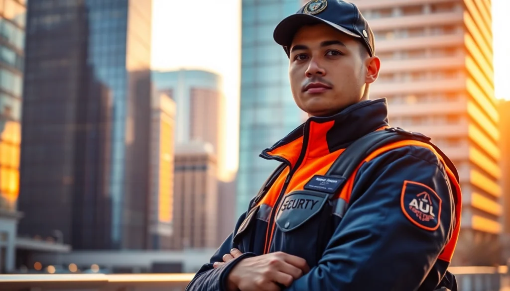 Showcasing a professional security guard representing security services Leicester standing strong against a city skyline.