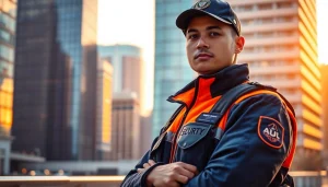 Showcasing a professional security guard representing security services Leicester standing strong against a city skyline.