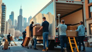 NYC movers efficiently loading furniture onto a truck against the vibrant New York City skyline.