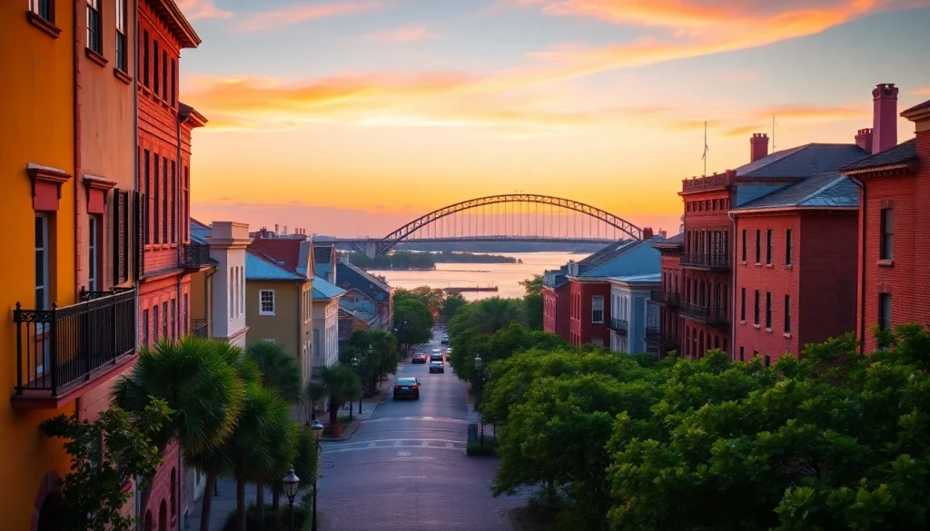 Architectural beauty of Charleston SC. with historic buildings and Ravenel Bridge against a sunset backdrop.
