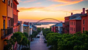 Architectural beauty of Charleston SC. with historic buildings and Ravenel Bridge against a sunset backdrop.