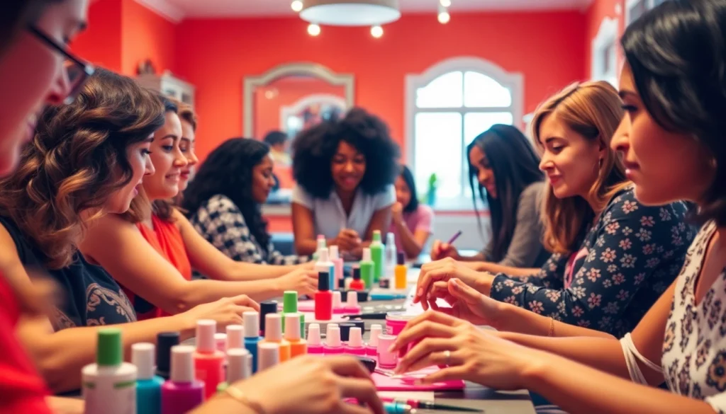 Participants actively learning in a Nail Course, showcasing vibrant nail art tools and techniques.