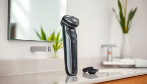 Man using an electric shaver for sensitive skin highlighting ergonomic design and comfort.
