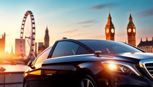 Engaging private chauffeur london assisting a passenger in a luxury vehicle against London skyline.