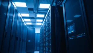 Server kaufen in professionellem Rechenzentrum mit mehreren Server-Racks und blauen LED-Lichtern.