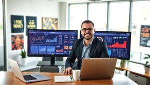Engaging scene of a casino affiliate marketer analyzing performance data in an office.