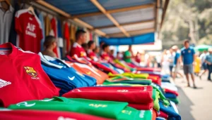 Showcasing a variety of Cheap Football Shirts at a vibrant market stall.