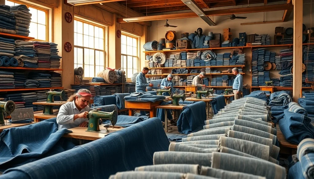 Artisans working as jeans cloth manufacturers in a vibrant workshop, showcasing craftsmanship.