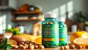 Showcasing Maxi Health kosher vitamins alongside natural ingredients for a healthy lifestyle.