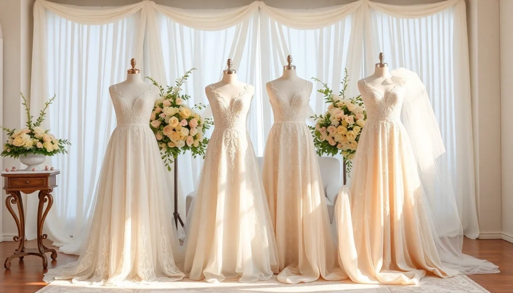 Admire stunning A-Line Wedding Dresses displayed elegantly with intricate details and delicate fabrics.