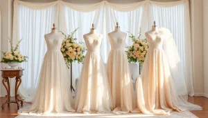 Admire stunning A-Line Wedding Dresses displayed elegantly with intricate details and delicate fabrics.