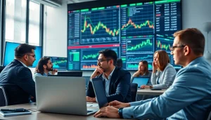 Traders engaged in forex trading analysis with screens displaying currency charts and market data.