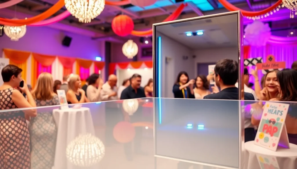 Guests enjoying a Mirror Booth experience with interactive features and vibrant decor.