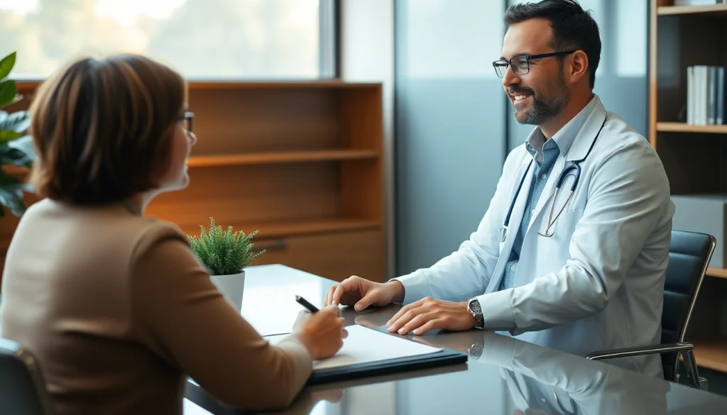 Psychiatrist engaging in a conversation with a patient in a professional setting.