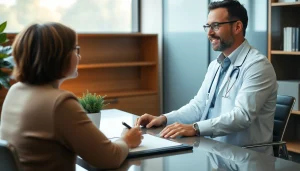 Psychiatrist engaging in a conversation with a patient in a professional setting.
