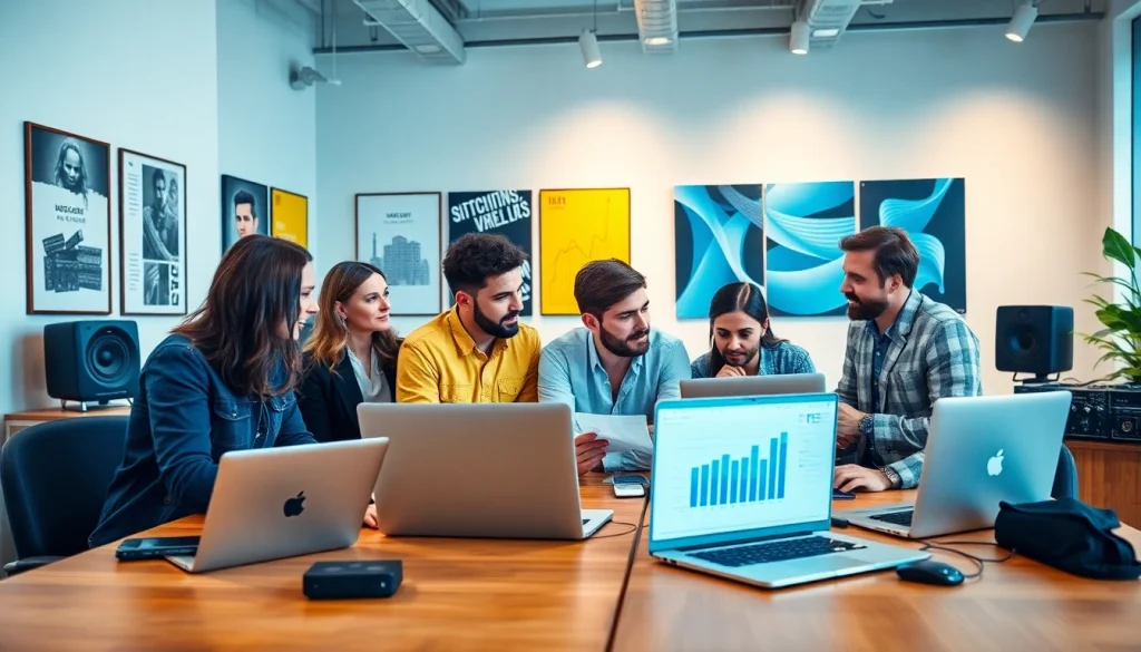 Dynamic team at a music PR company collaborating on innovative strategies in a modern office.